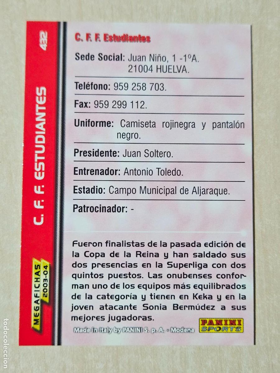 Cromos de F&uacute;tbol: CROMO N&ordm; 432 ESTUDIANTES - MEGAFICHAS 2003 04 - SUPERLIGA FEMENINA - SIN PATROCINADOR