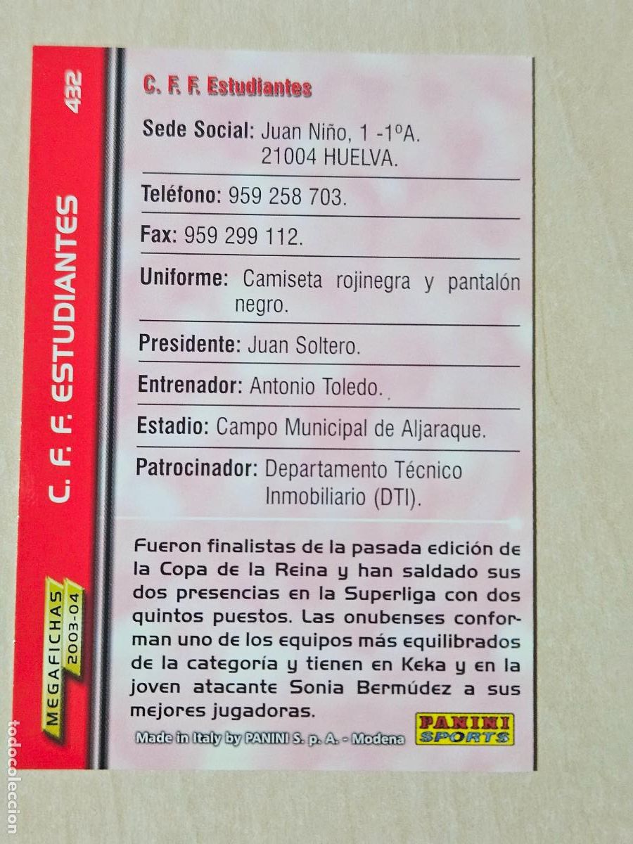 Cromos de F&uacute;tbol: CROMO N&ordm; 432 ESTUDIANTES - MEGAFICHAS 2003 04 - SUPERLIGA FEMENINA - DEPARTAMENTO TECNICO DTI