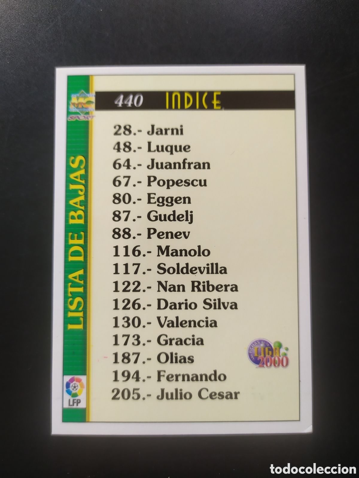 Cromos de F&uacute;tbol: Mundicromo fichas Liga 1999 2000 99 00 &iacute;ndice lista de bajas n&deg; 440