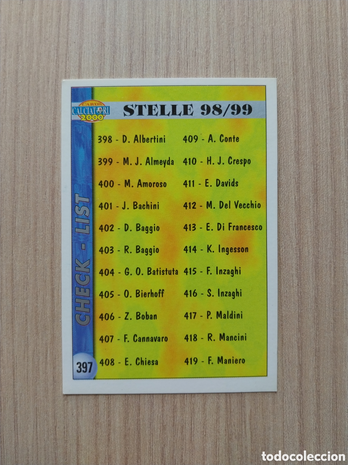 Cromos de F&uacute;tbol: CHECK LIST STELLE 98 99 N&deg; 397 CALCIATORI 1999 2000 99 00 MUNDICROMO ITALIA ZIDANE BAGGIO CANNAVARO