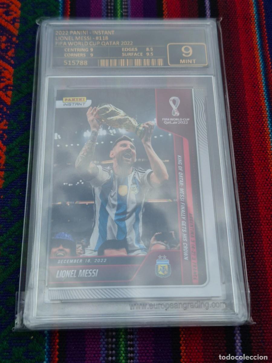 Cromos de F&uacute;tbol: PANINI INSTANT FIFA WORLD QATAR 2022 LIONEL MESSI 118 TROFEO GRADEADO EUROPEAN GRADING CERTIFICADO 9
