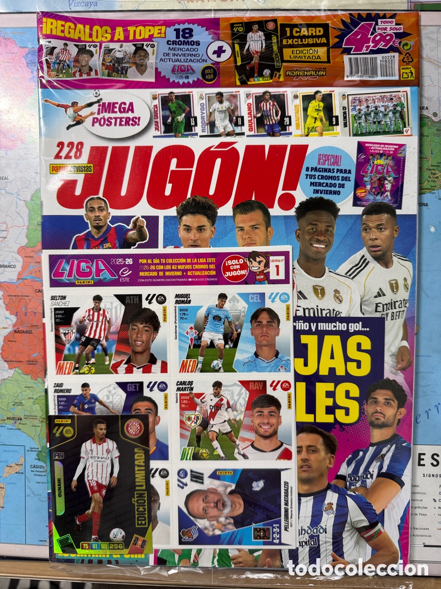 Cromos de F&uacute;tbol: Revista jug&oacute;n n&uacute;mero 228 con 2 l&aacute;minas mercado invierno y Ounahi edici&oacute;n limitadas Adrenalyn 25-26