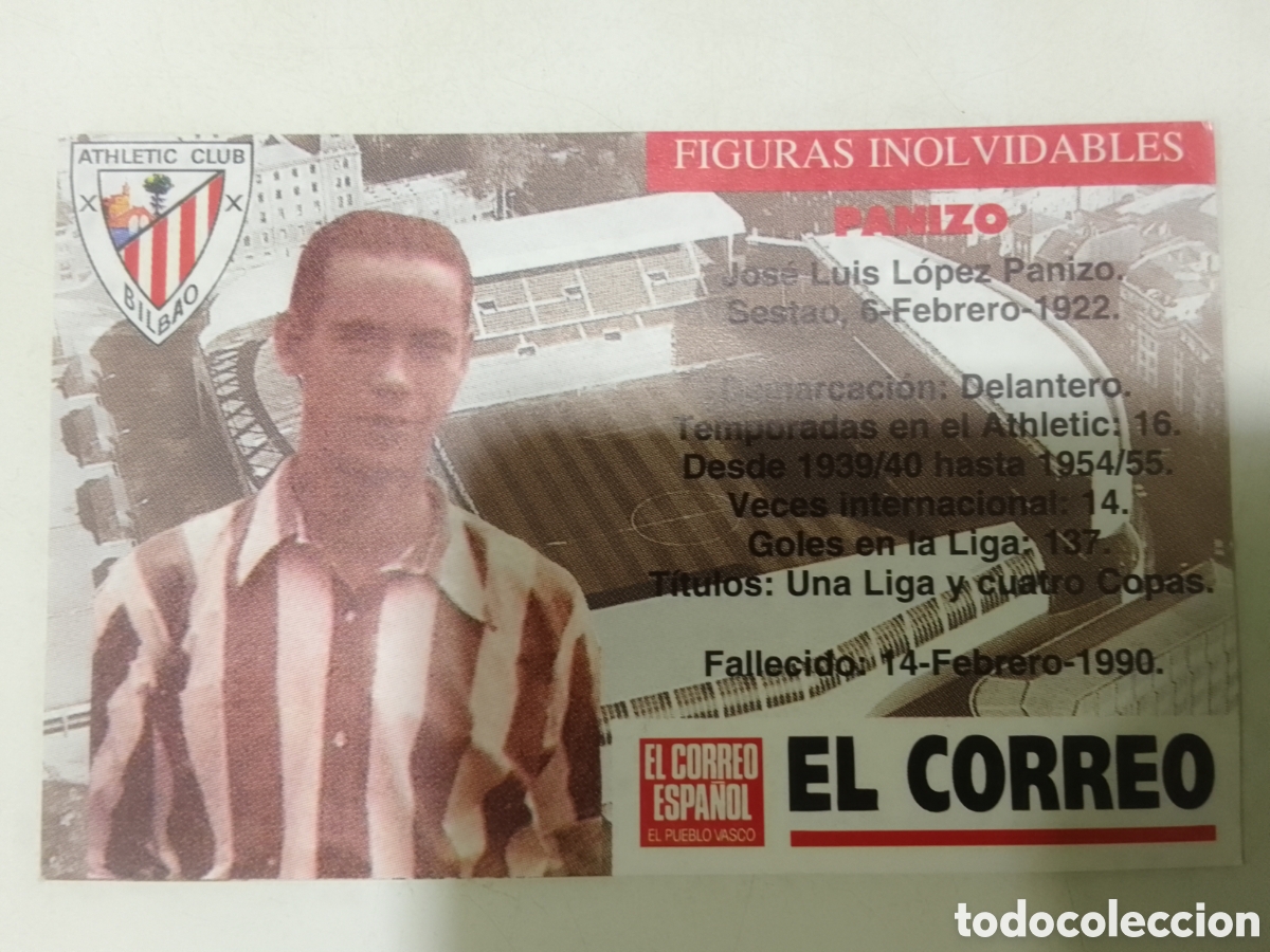 Cromos de F&uacute;tbol: Cromo El Correo Figuras Inolvidables Athletic Club Bilbao PANIZO.