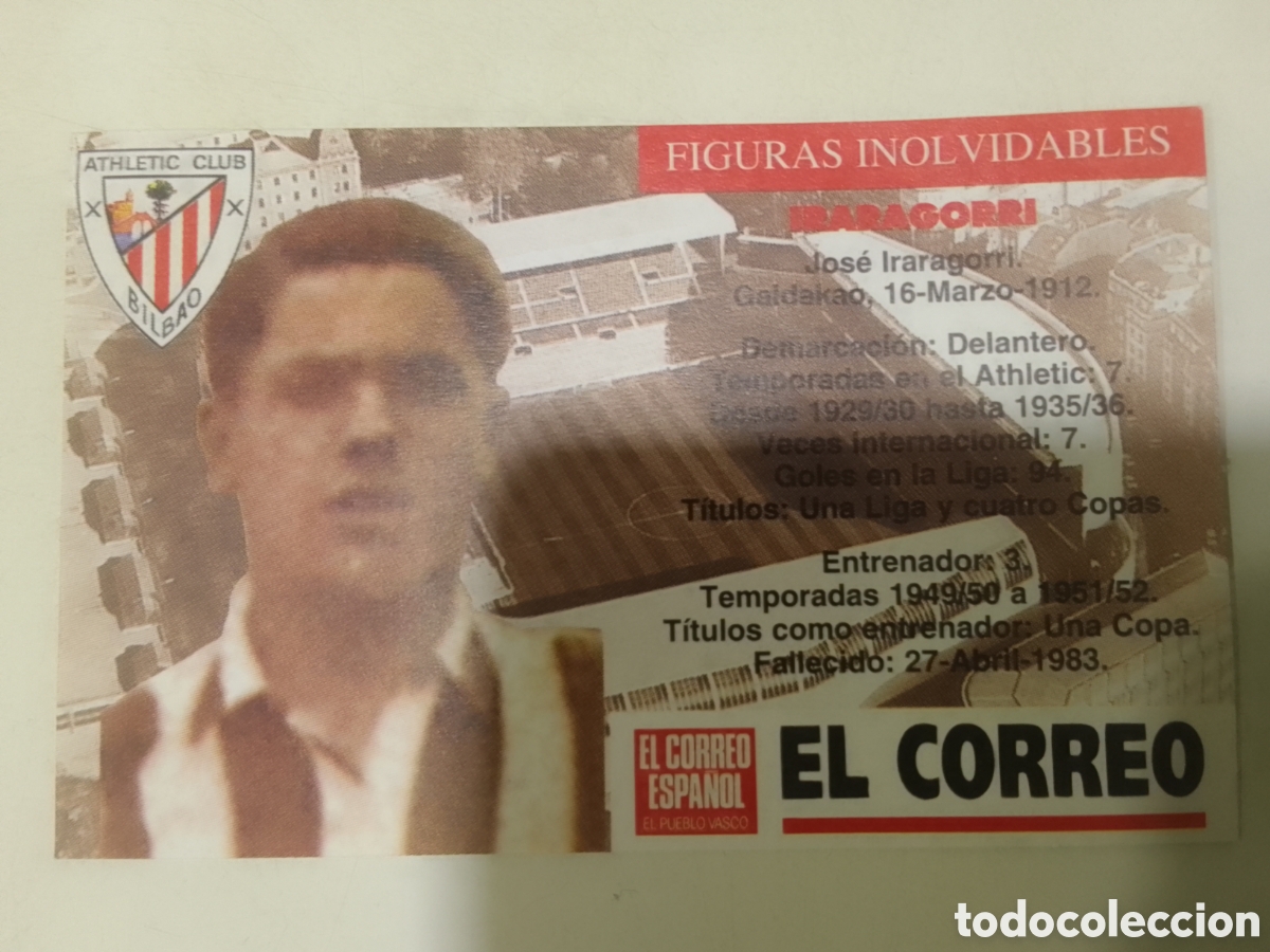 Fu&szlig;ball-Sticker: Cromo El Correo Figuras Inolvidables Athletic Club Bilbao IRARAGORRI.