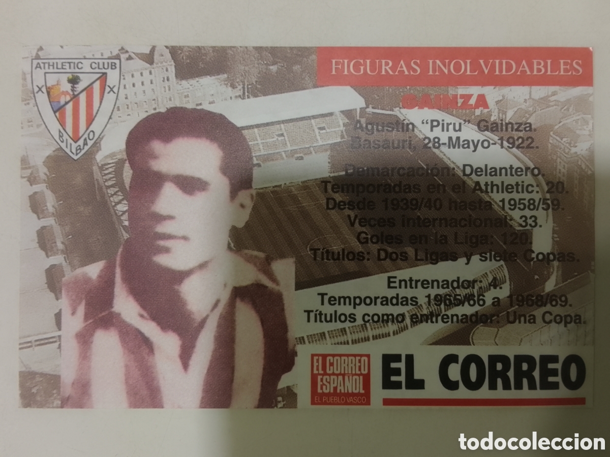 Figurine di Calcio: Cromo El Correo Figuras Inolvidables Athletic Club Bilbao GAINZA.