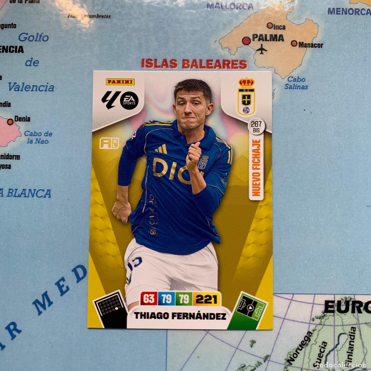 Cartes &agrave; collectionner de Football: Thiago Fern&aacute;ndez nuevo fichaje n&uacute;mero 267 Bis del Oviedo cromo adrenalyn XL 25-26 2025-2026
