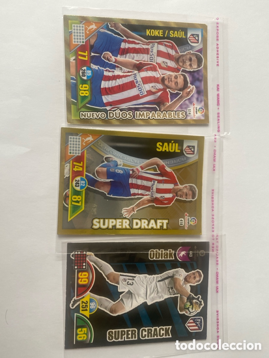 Cromos de F&uacute;tbol: Pack Atleti 16/17 + 17/18 | Oblak Super Crack + Koke Sa&uacute;l D&uacute;os + Sa&uacute;l Super Draft | Adrenalyn XL