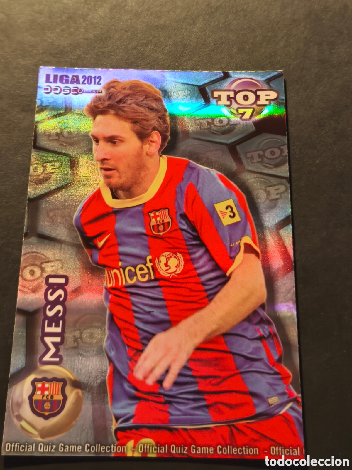 Cromos de F&uacute;tbol: 595 MESSI TOP7 FC BARCELONA MUNDICROMO FICHAS LIGA 2012 FONDO AZUL RAYAS HORIZONTALES