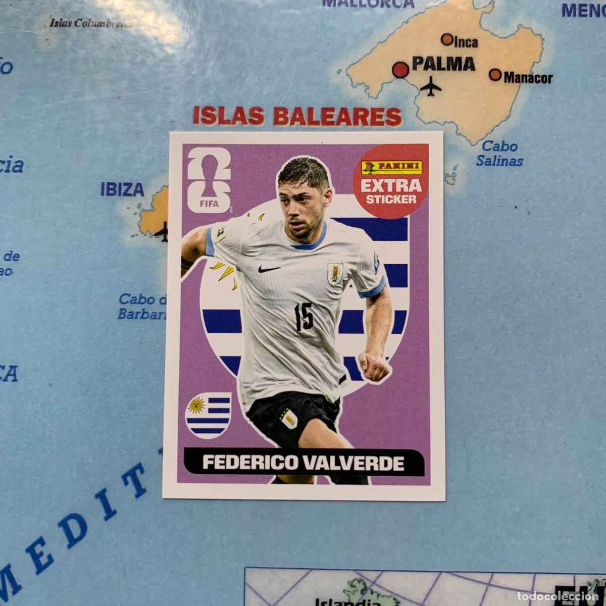 Cromos de F&uacute;tbol: Fede Valverde extra sticker versi&oacute;n morada de Uruguay cromo panini Mundial Fifa World Cup 2026