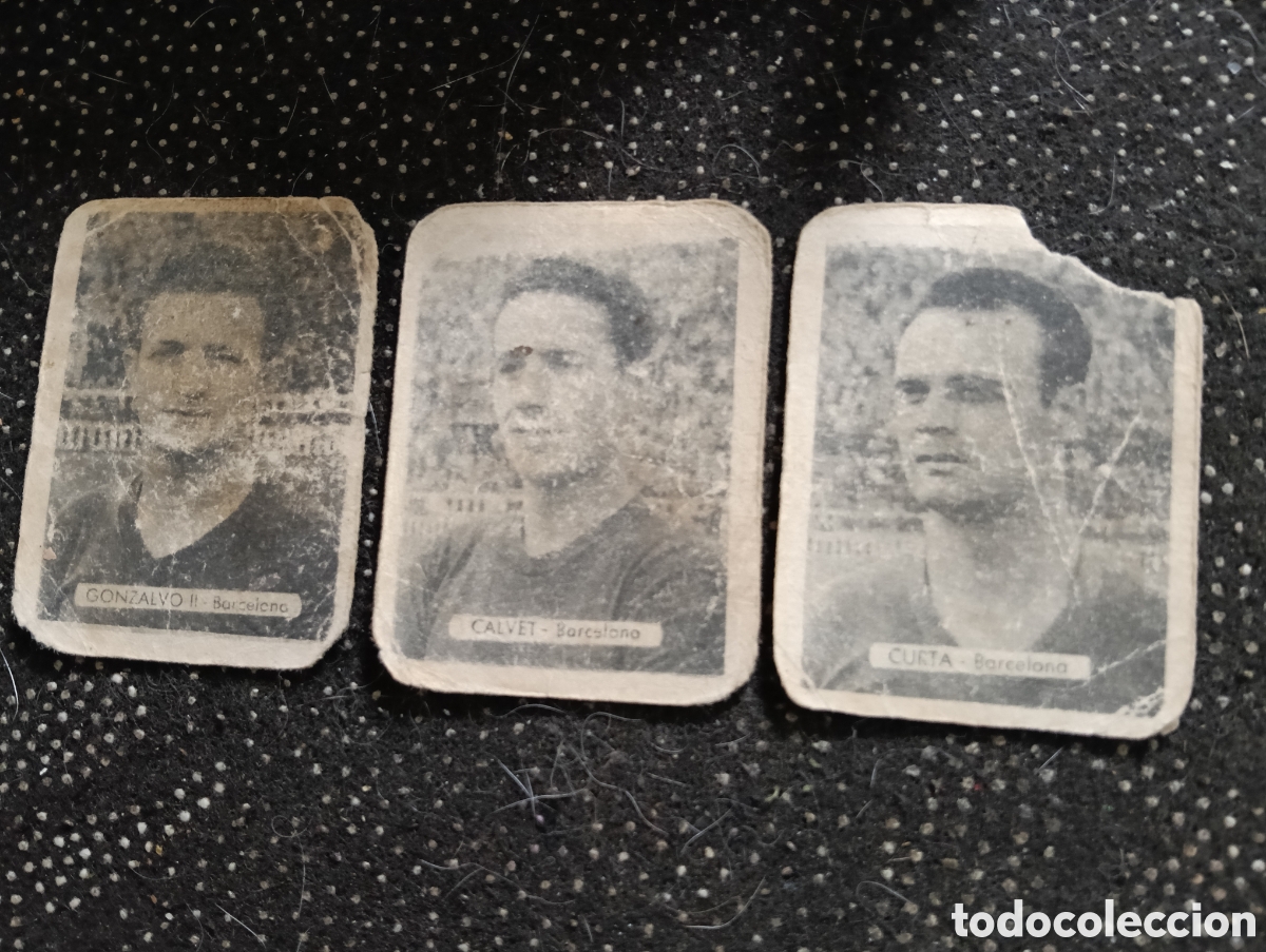 Cromos de F&uacute;tbol: 3 cromos del Barcelona, Gonzalo II, Calvet y Curta, Ediciones Bruguera o Ruiz Romero, liga 1945-50