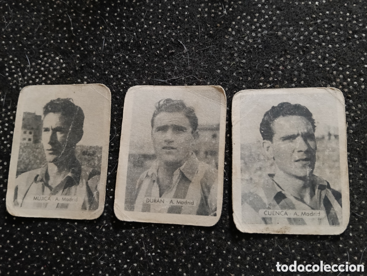 Cromos de F&uacute;tbol: 3 cromos del At. Madrid, Mujica, Dur&aacute;n, Cuenca, Ediciones Bruguera o Ruiz Romero, liga 1945-50