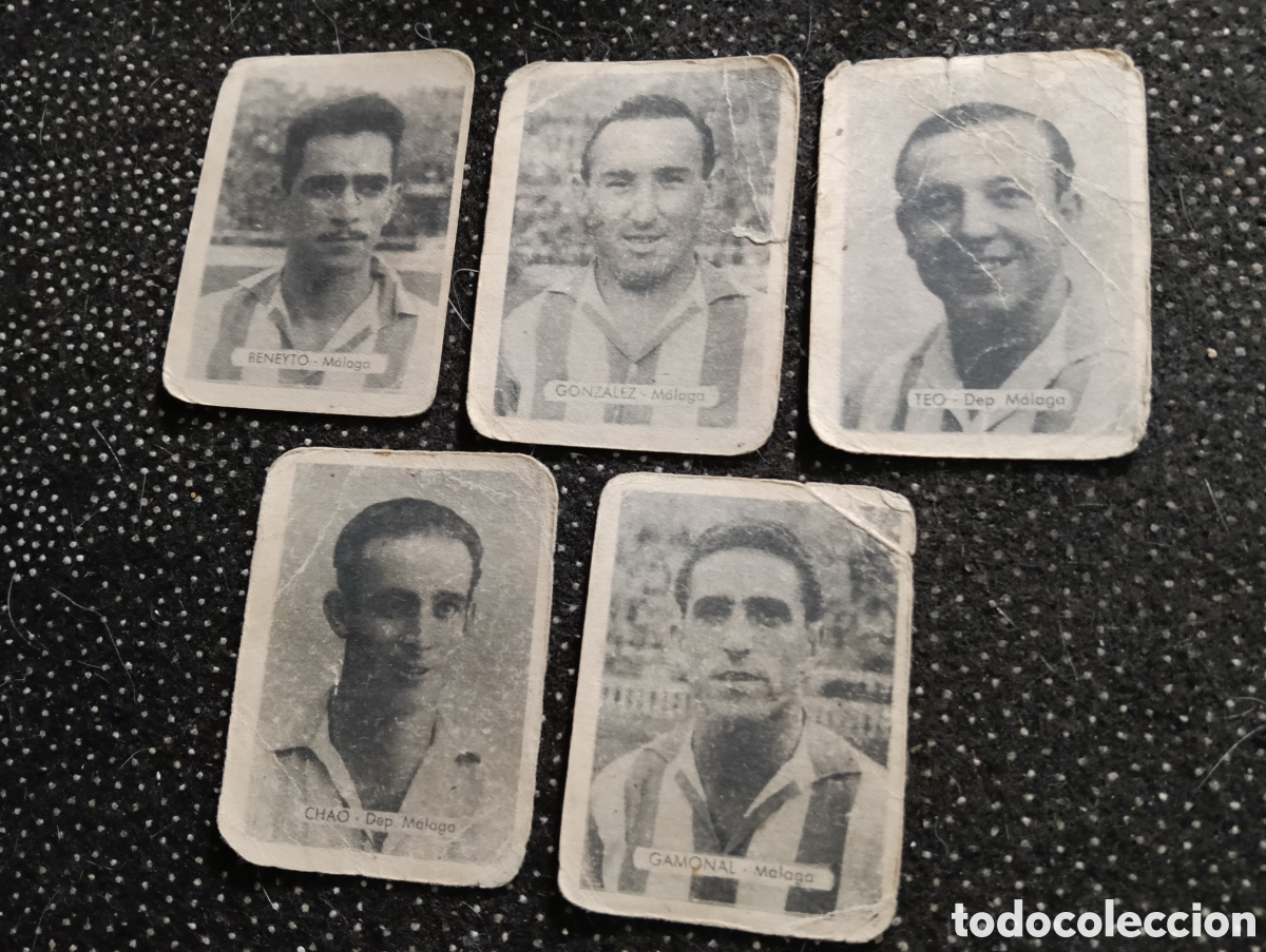Cromos de F&uacute;tbol: 5 cromos del Dep. M&aacute;laga, Beneyto, Gonz&aacute;lez, Teo, Chao y Gamonal, Ediciones Bruguera o Ruiz Romero,