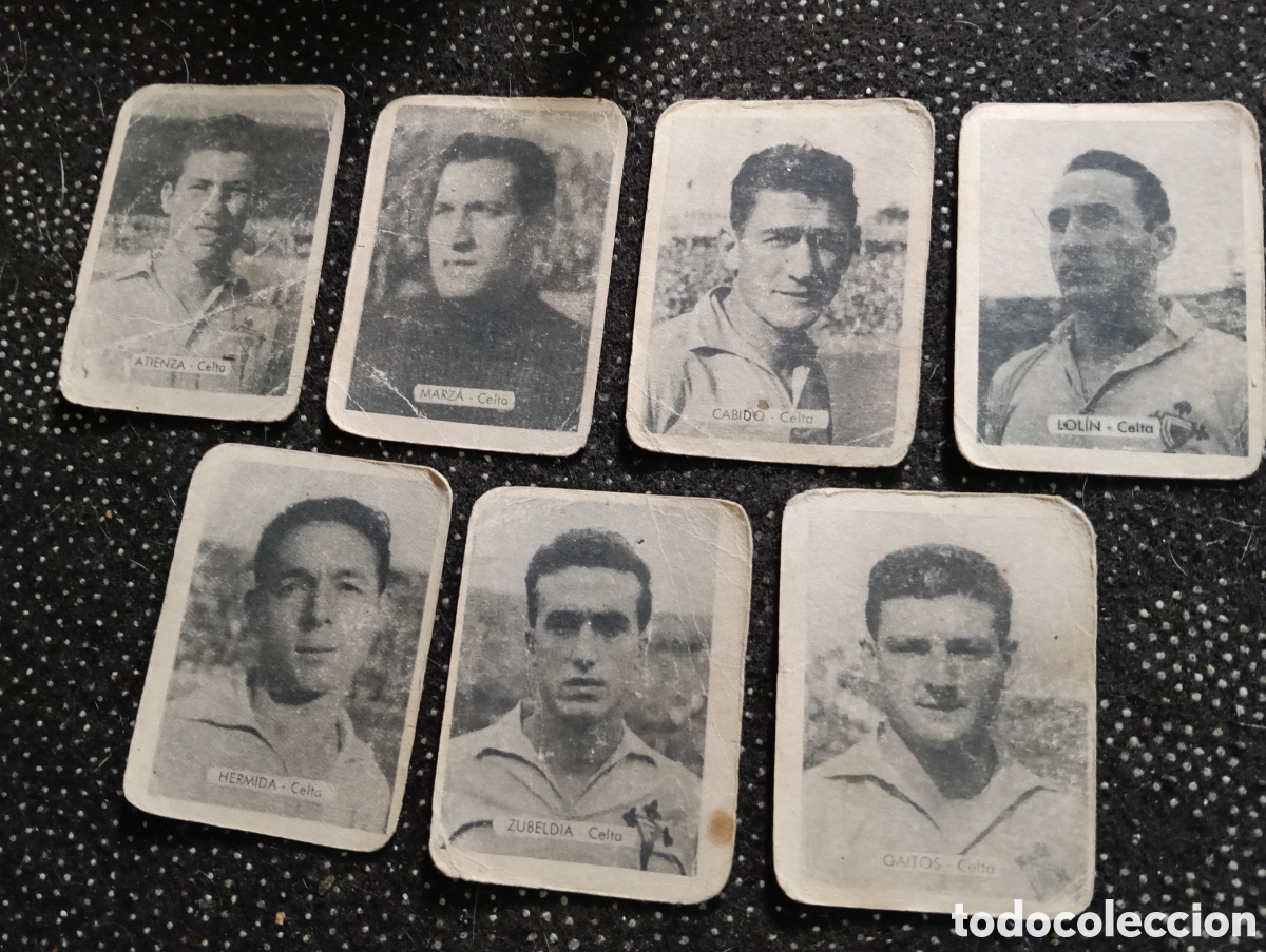 Cromos de F&uacute;tbol: 7 cromos del Celta de Vigo, Atienza, Marza, Cabido, Lolin, Hermida, Zubeldia y Gaitos, Ediciones Bru