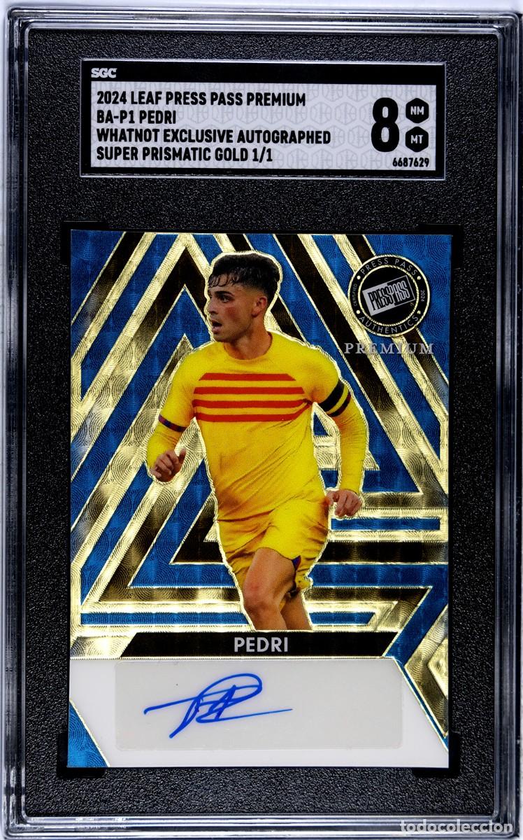 Fu&szlig;ball-Sticker: PEDRI BARCELONA 2024 LEAF PRESS PASS PREMIUM AUTO SUPER PRISMATIC 1/1 SGC 8 &Uacute;NICO