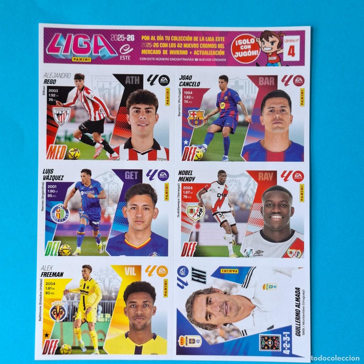 Cromos de F&uacute;tbol: L&aacute;mina 4 exclusiva JUG&Oacute;N 6 Stickers Mercado de Invierno Panini LIGA ESTE 2025-26 Rego Cancelo Freema