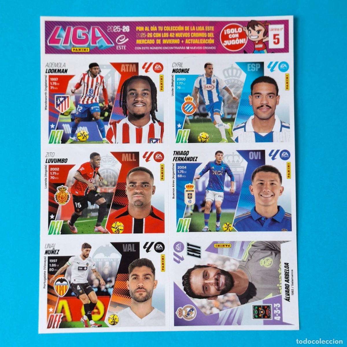Fu&szlig;ball-Sticker: L&aacute;mina 5 exclusiva JUG&Oacute;N 6 Stickers Mercado de Invierno Panini LIGA ESTE 2025-26 Lookman Arbeloa