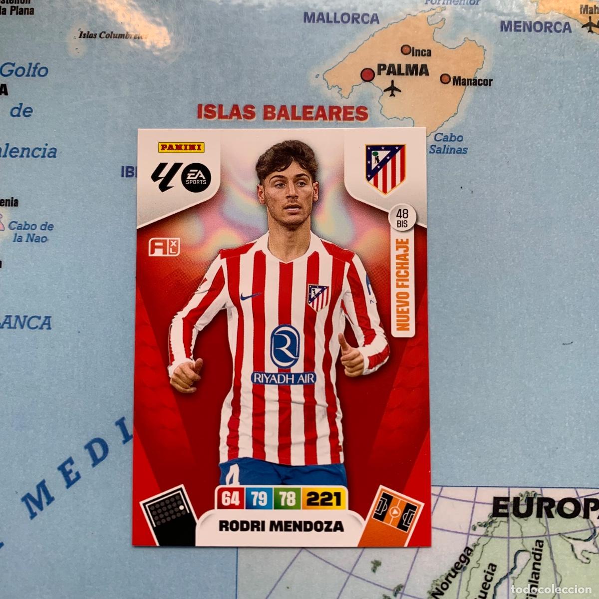 Football Stickers: Rodri Mendoza nuevo fichaje n&uacute;mero 48 Bis del Atl&eacute;tico de Madrid cromo adrenalyn XL 25-26 2025-2026