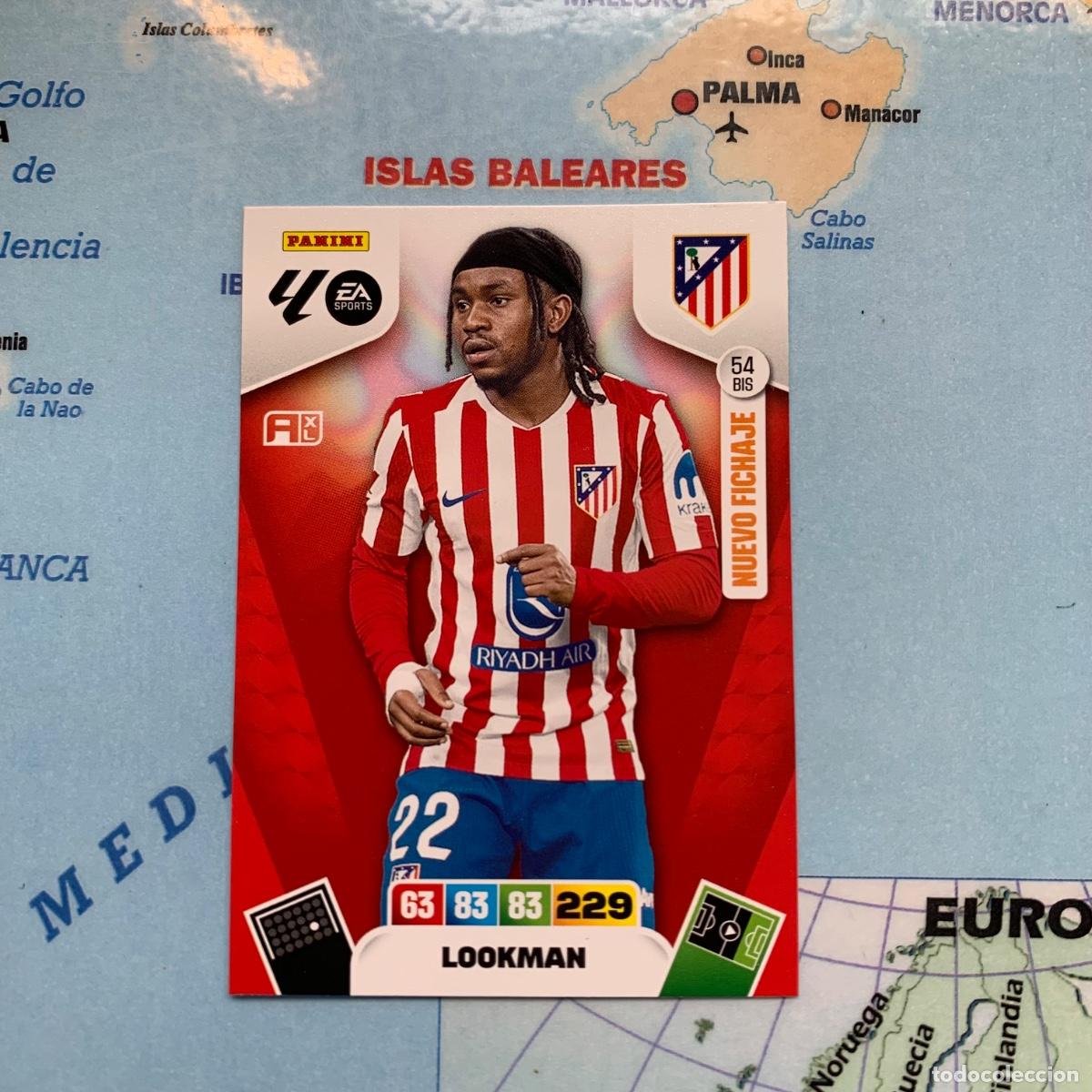 Football Stickers: Lookman nuevo fichaje n&uacute;mero 54 Bis del Atl&eacute;tico de Madrid cromo adrenalyn XL 25-26 2025-2026