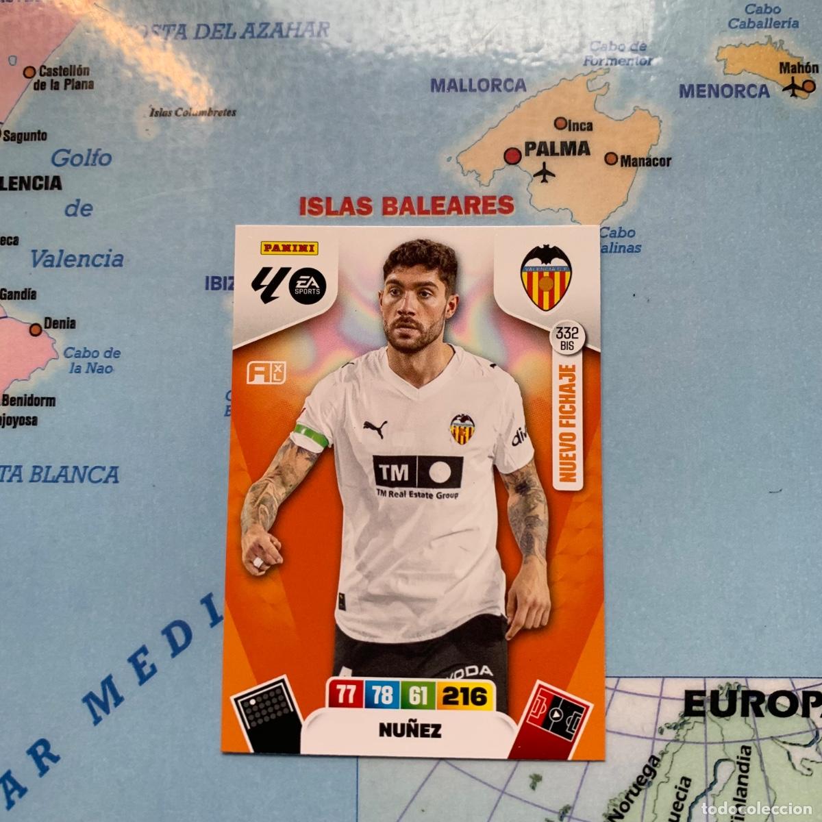 Fu&szlig;ball-Sticker: Nu&ntilde;ez nuevo fichaje n&uacute;mero 332 Bis del Valencia cromo adrenalyn XL 25-26 2025-2026