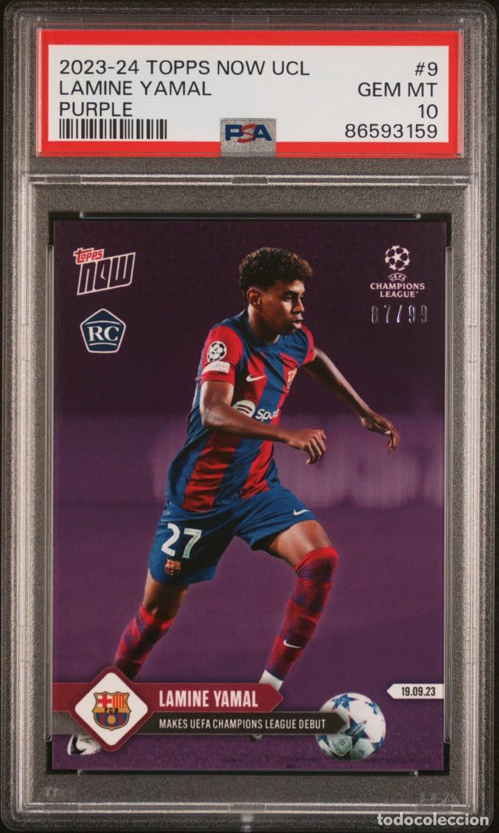 Cromos de F&uacute;tbol: Rookie Lamine Yamal #9 Purple 07/99 FC Barcelona Topps Now UCL 2023 24 PSA 10