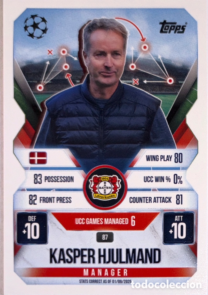 Football Stickers: 87. Kasper Hjulmand - Bayer Leverkusen - (MATCH ATTAX EXTRA CHAMPIONS LEAGUE 2025/26) TOPPS