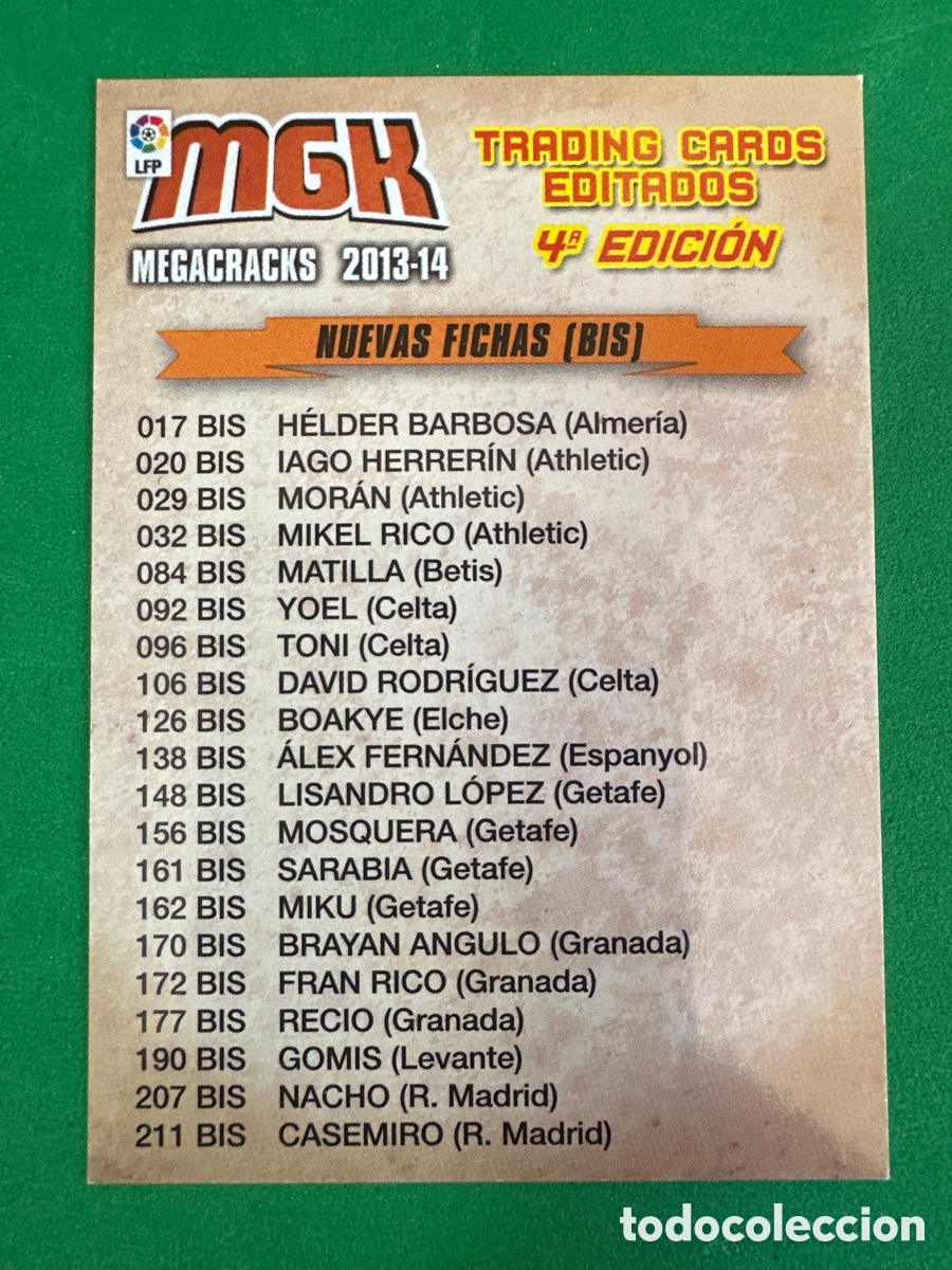 Fu&szlig;ball-Sticker: &Iacute;NDICE NUEVAS FICHAS(BIS) 4&ordf; EDICI&Oacute;N MEGACRACKS 2013-2014 13 14 PANINI TRADING CARD