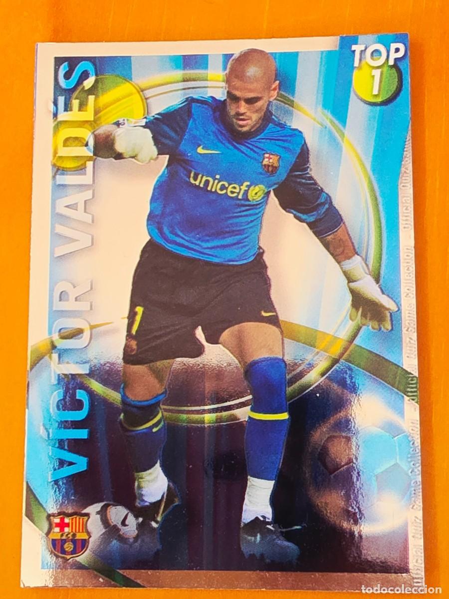 Cromos de F&uacute;tbol: 541 V&iacute;ctor Vald&eacute;s, FC Barcelona, TOP 1 azul, Mundicromo Sport Fichas Quiz de la Liga 2010 2011