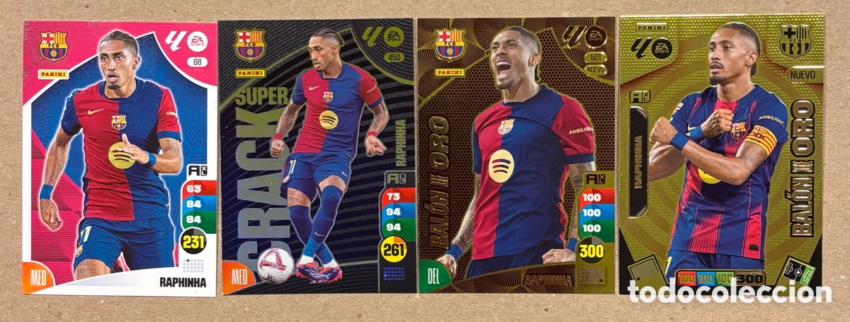 Cromos de F&uacute;tbol: RAPHINHA (FC BARCELONA). 4 CARTAS PANINI ADRENALYN XL 24-25: NUEVO BAL&Oacute;N DE ORO, BAL&Oacute;N DE ORO, SUPER