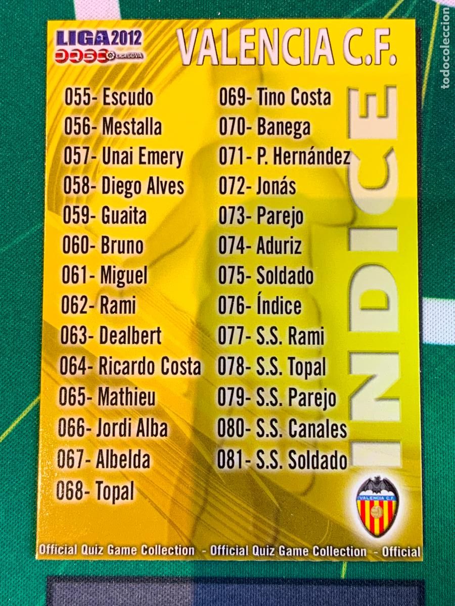 Cromos de F&uacute;tbol: 76 &Iacute;ndice Valencia Checklist FICHAS LIGA MUNDICROMO 2011 2012 11 12