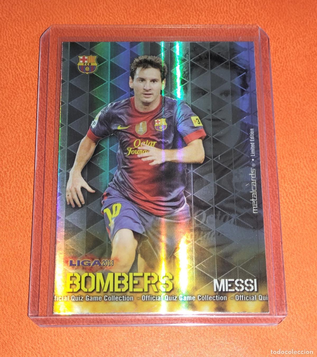 Cromos de F&uacute;tbol: LIONEL MESSI BOMBERS RAYAS PUNTAS CUADRADAS METALCARD BARCELONA MUNDICROMO QUIZ GAME 2012 2013 12 13