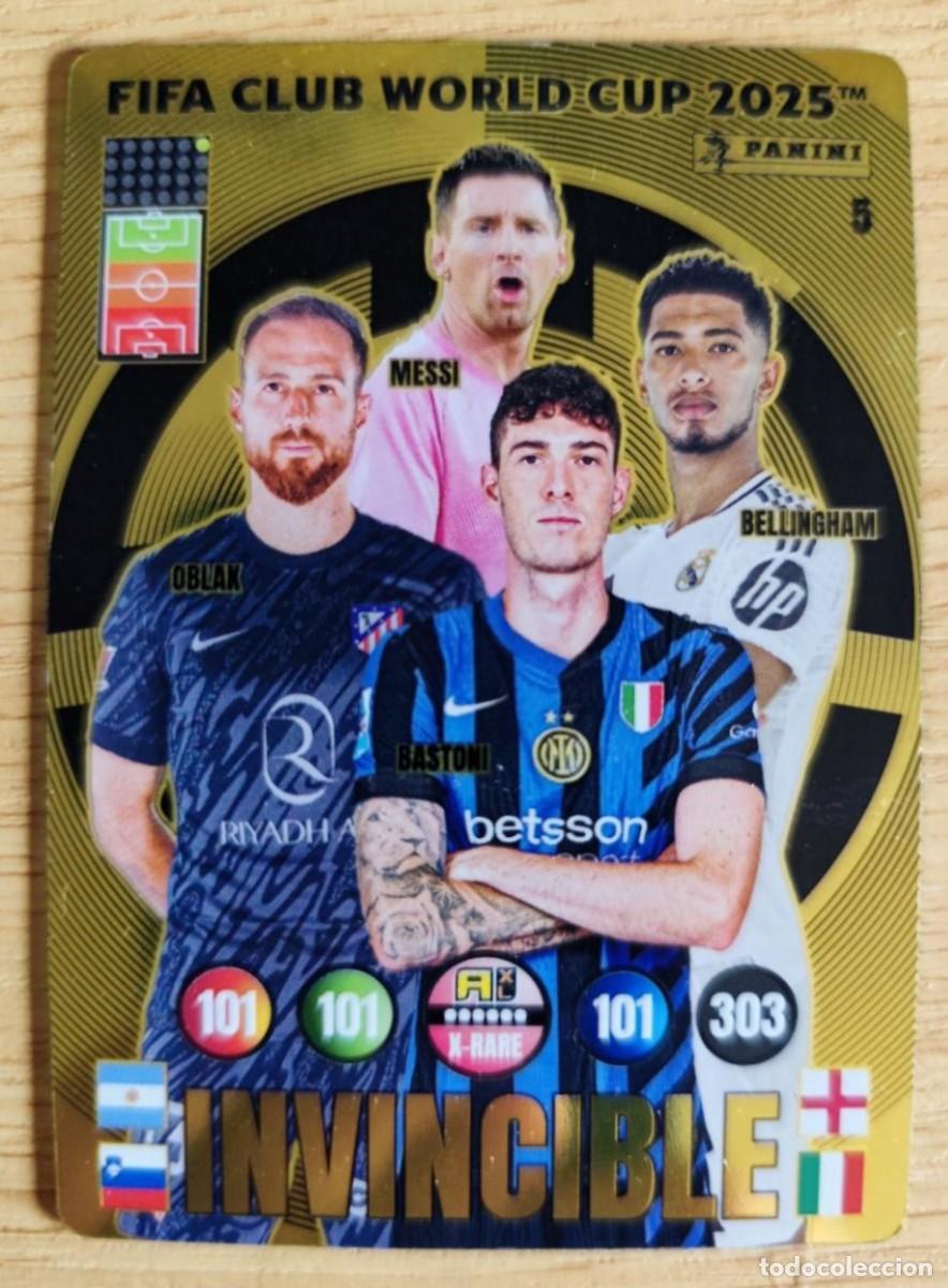 Cromos de F&uacute;tbol: CARD FOOTBALL ADRENALYN XL 2025- FIFA CLUB WORLD CUP- INVINCIBLE- MESSI OBLAK BELLINGHAM BASTONI