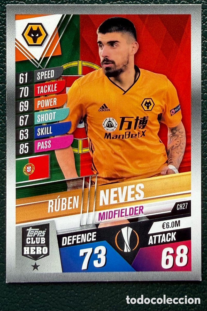 Fu&szlig;ball-Sticker: CH27 RUBEN NEVES WOLVERHAMPTON WANDERERS FICHAS ALBUM MATCH ATTAX 101 TOPPS 2019 2020 19 20