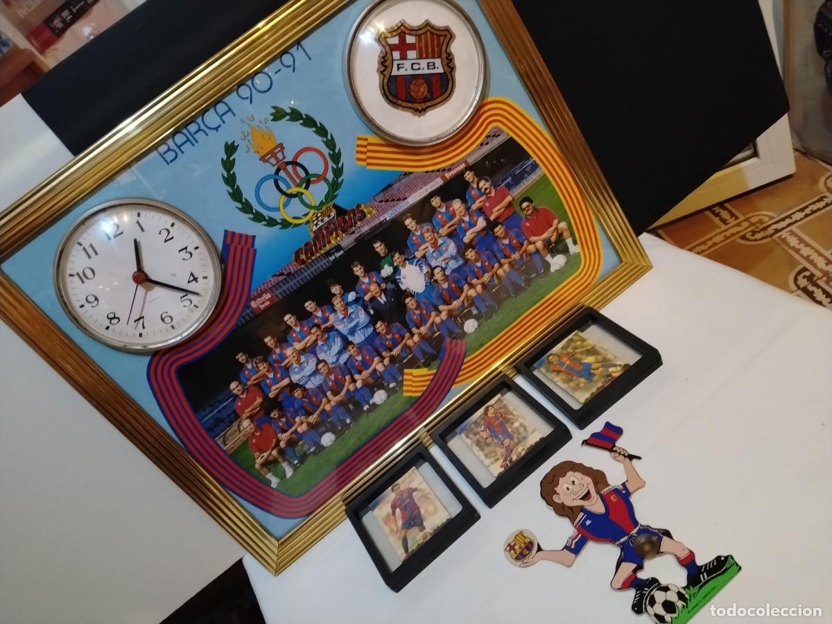 Cromos de F&uacute;tbol: CUADRO RELOJ F&Uacute;TBOL CLUB BARCELONA TEMPORADA BAR&Ccedil;A 90/91 + 3 CARTAS MESSI,XAVI,PUYOL + JUGADOR