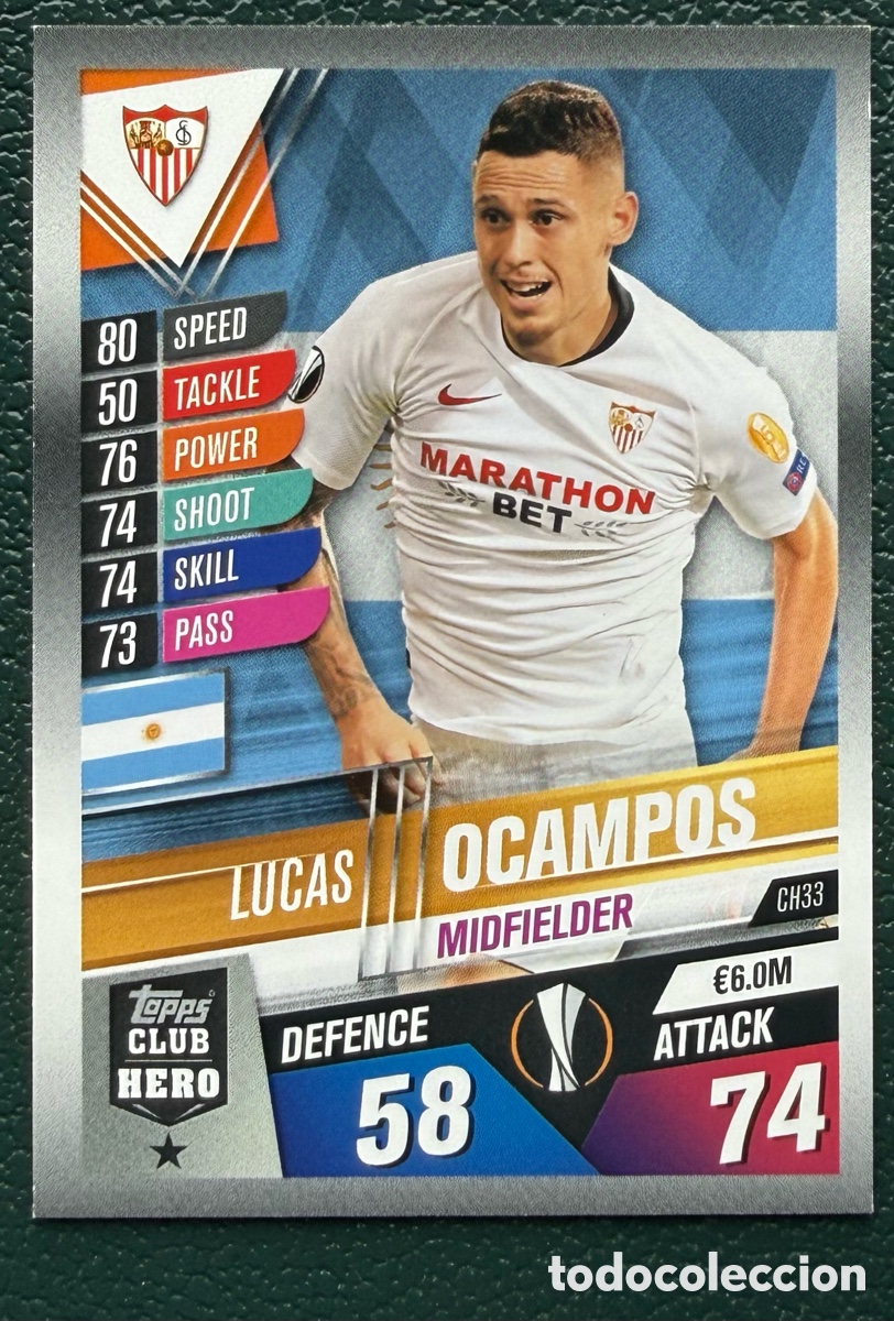 Football Stickers: CH33 LUCAS OCAMPOS SEVILLA FC FICHAS ALBUM MATCH ATTAX 101 TOPPS 2019 2020 19 20