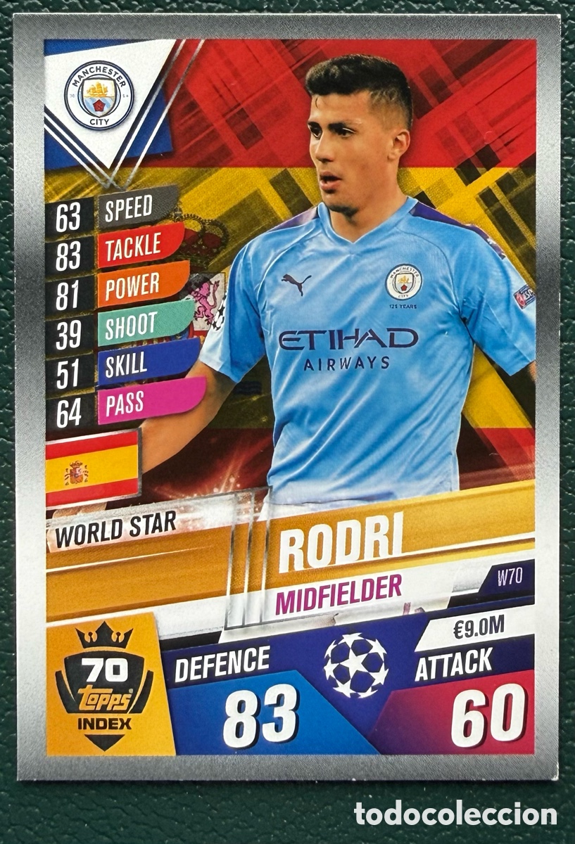 Cromos de f&uacute;tbol: W70 RODRI MANCHESTER CITY FICHAS ALBUM MATCH ATTAX 101 TOPPS 2019 2020 19 20