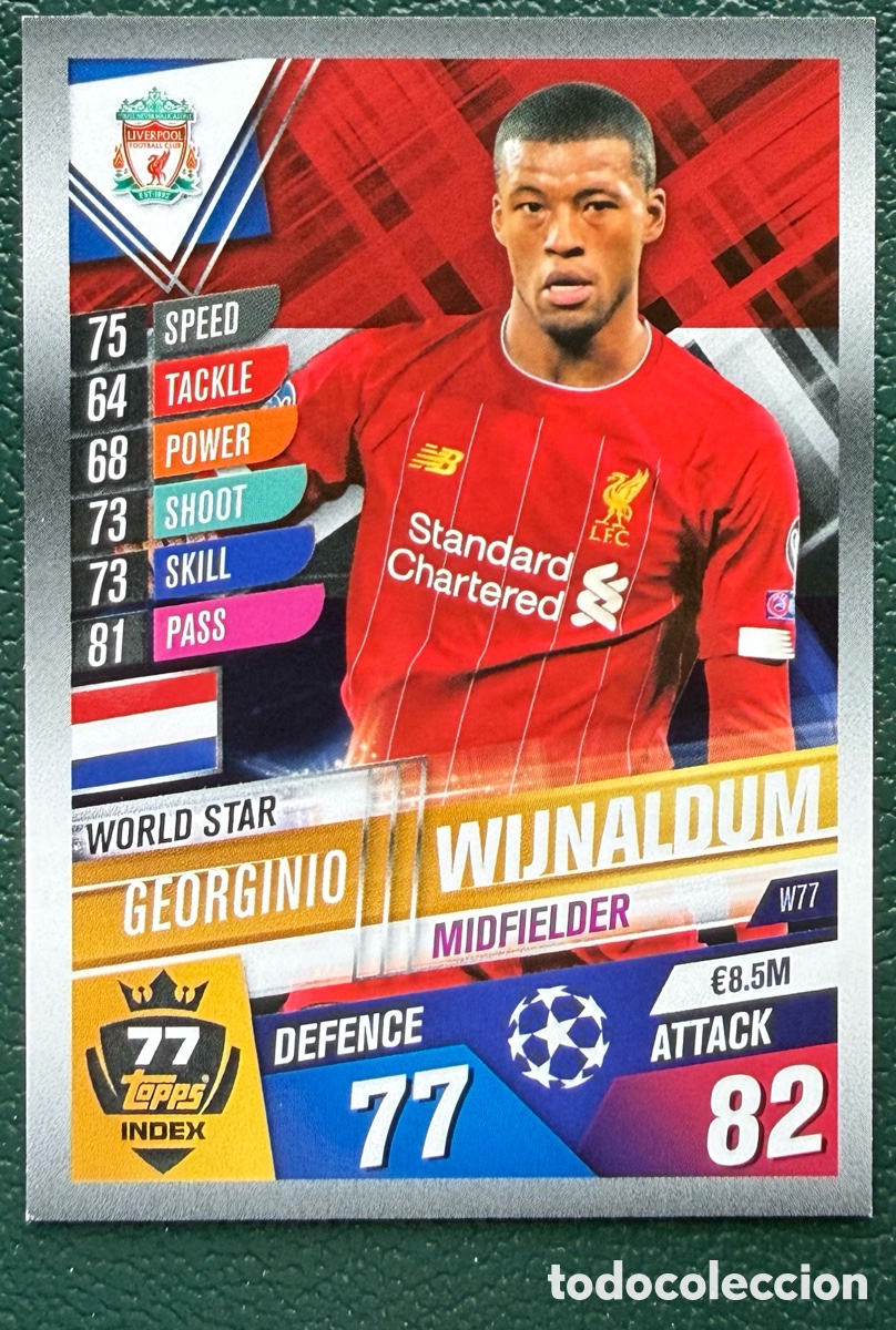 Cartes &agrave; collectionner de Football: W77 GIORGINIO WIJNALDUM LIVERPOOL FC FICHAS ALBUM MATCH ATTAX 101 TOPPS 2019 2020 19 20