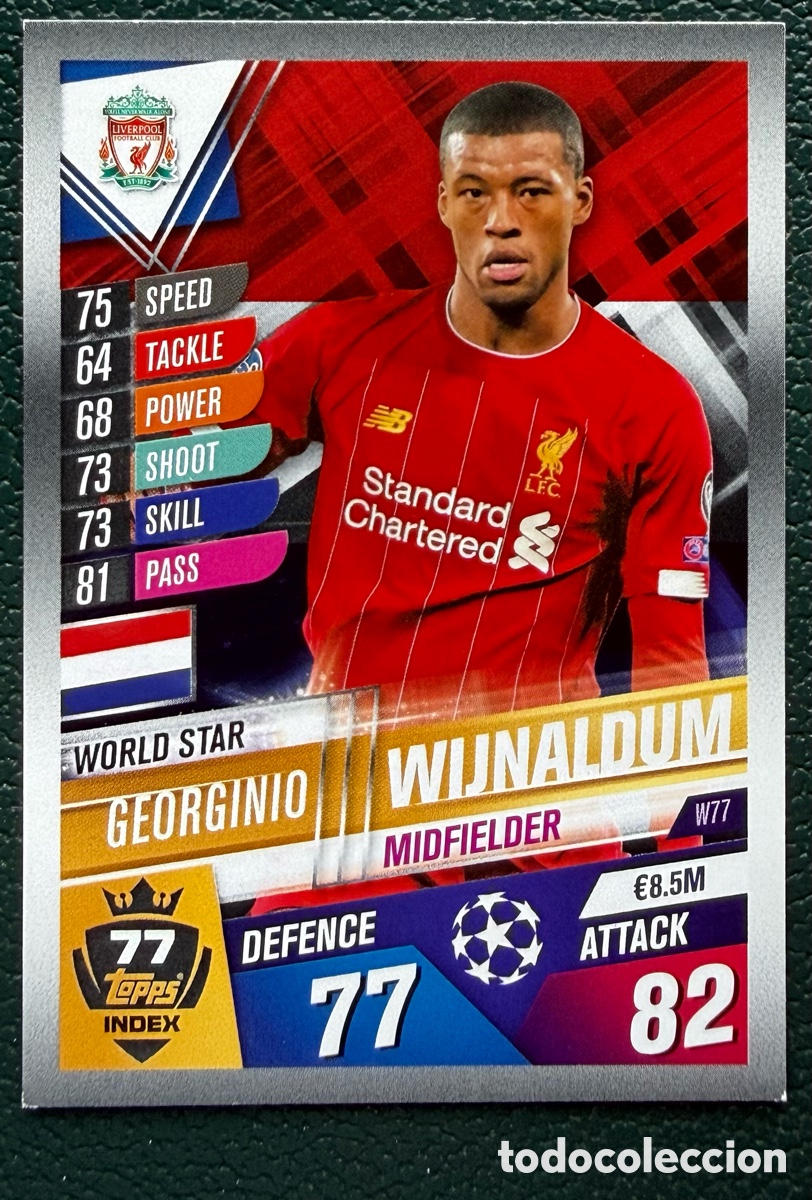 Cartes &agrave; collectionner de Football: W77 GIORGINIO WIJNALDUM LIVERPOOL FC FICHAS ALBUM MATCH ATTAX 101 TOPPS 2019 2020 19 20