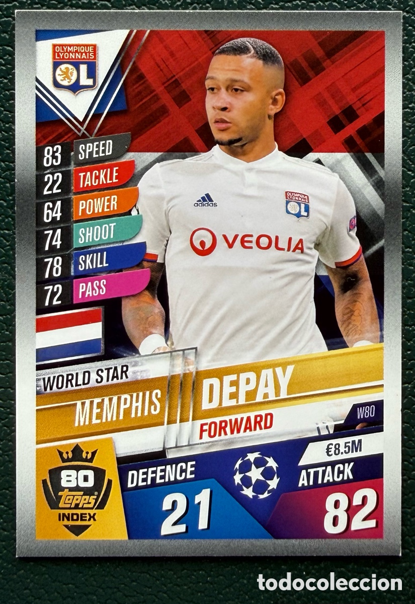 Cartes &agrave; collectionner de Football: W80 MEMPHIS DEPAY OLYMPIQUE LYONNAIS FICHAS ALBUM MATCH ATTAX 101 TOPPS 2019 2020 19 20