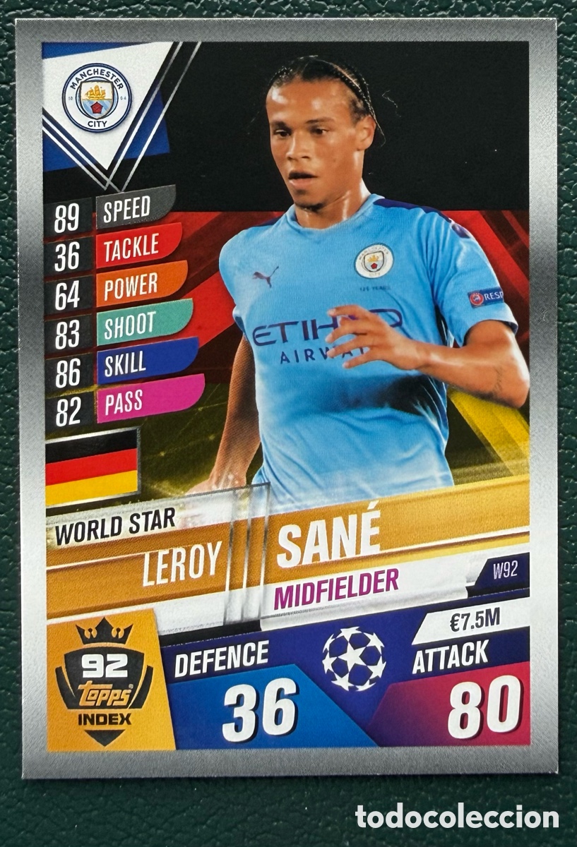 Cartes &agrave; collectionner de Football: W92 LEROY SANE MANCHESTER CITY FICHAS ALBUM MATCH ATTAX 101 TOPPS 2019 2020 19 20