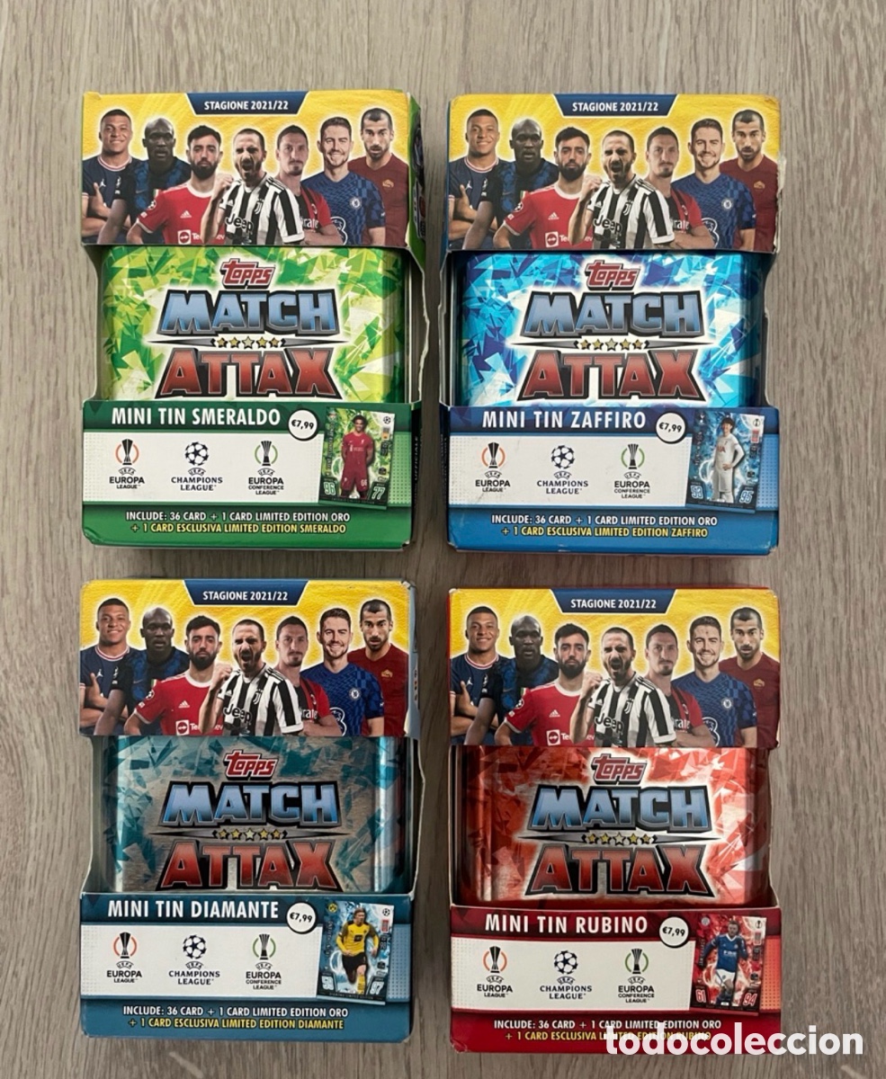Football Stickers: Lote 4 latas exclusivas Match Attax 2021-22 UCL Diamante, Esmeralda, Zafiro y Rubi TOPPS