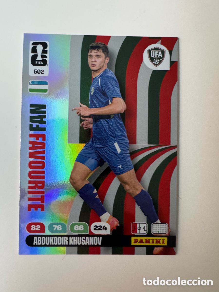 Cromos de F&uacute;tbol: ADRENALYN XL FIFA WORLD CUP 2026 &ndash; FAN FAVOURITE N&ordm; 502 &ndash; Abdukodir Khusanov Uzbekist&aacute;n