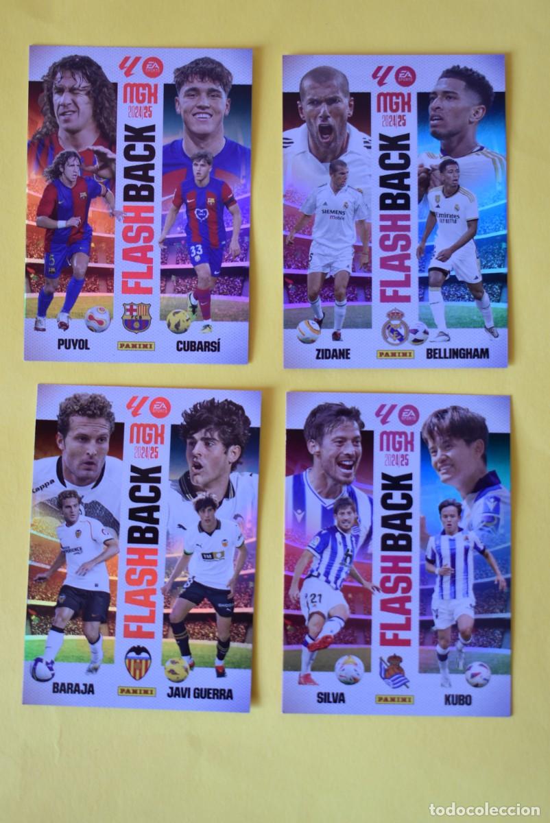 Football Stickers: Lote 4 cromos Megacracks. 2024 2025. Flashback. Zidane. Puyol. Silva. Kubo. Cuibars&iacute;. Bellingham