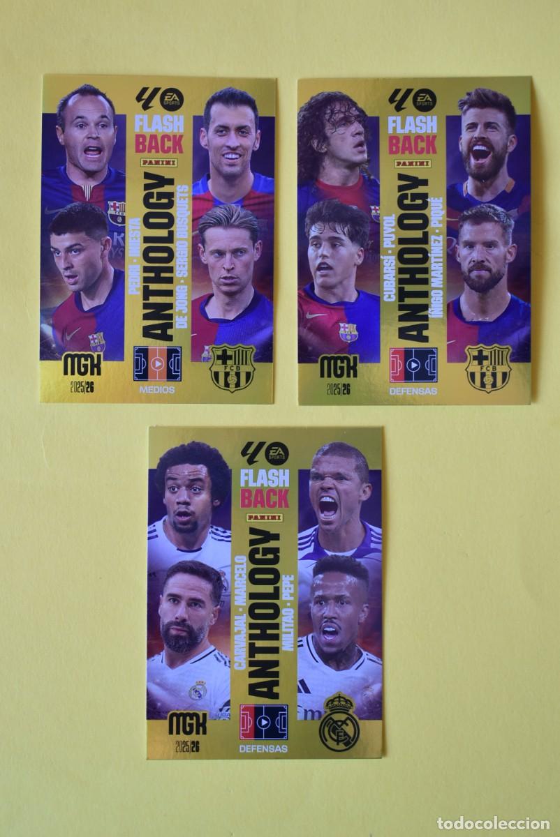Football Stickers: Lote 3 cromos Megacracks. 2025 2026. Flashback Anthology. Iniesta. Puyol. Piqu&eacute;. Marcelo. Carvajal