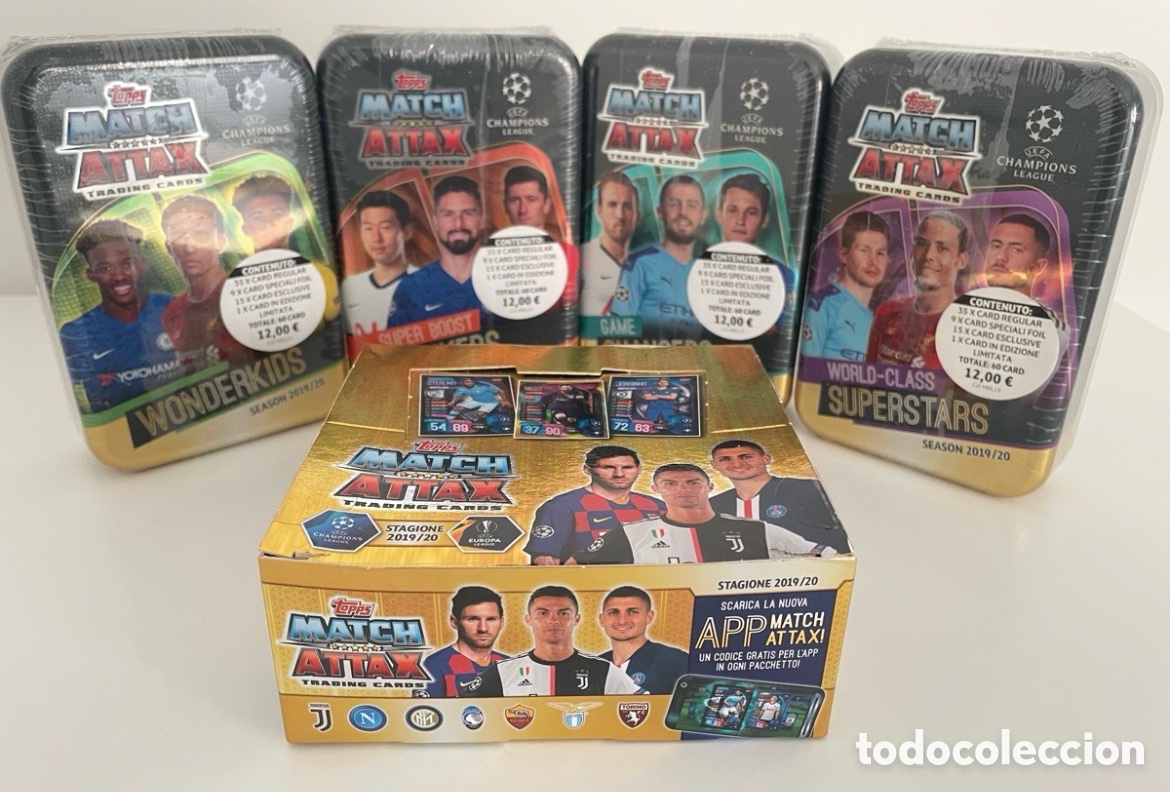 Cromos de F&uacute;tbol: Lote 4 latas + 1 caja Match Attax UCL 2019-20