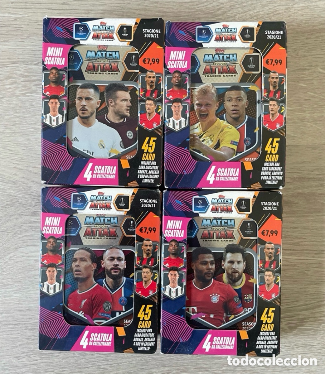 Cromos de F&uacute;tbol: Lote 4 latas Match Attax 2020-21 Topps Messi, Cristiano Ronaldo, Mbappe, Haaland, Neymar