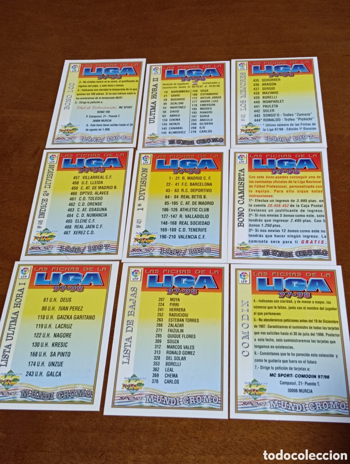 Cromos de F&uacute;tbol: Liga 1997-98- 9 cromos bono 100, comod&iacute;n, bono camiseta, los mejores, lista de bajas, primera divisi