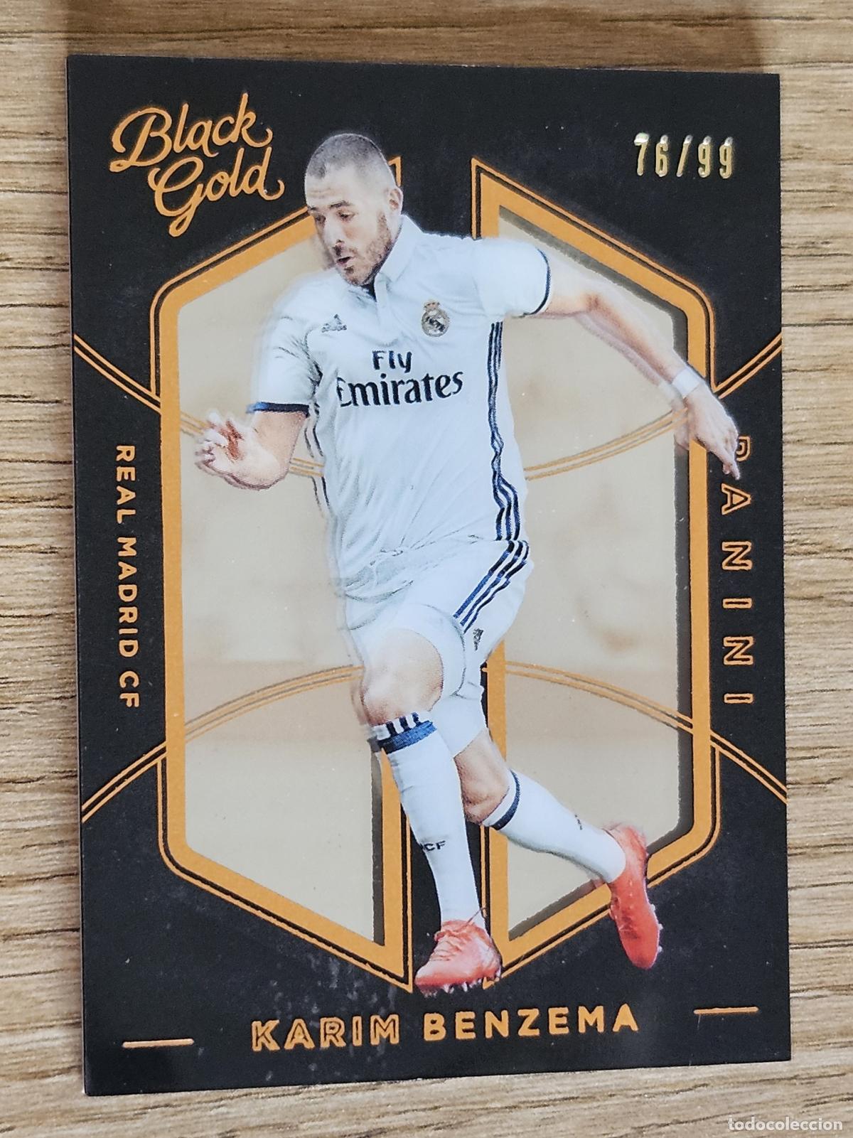 Cromos de F&uacute;tbol: Karim Benzema (Real Madrid). Cromo Panini FIFA 365 2016-2017 (16-17). Black Gold 76/99. Preciosa