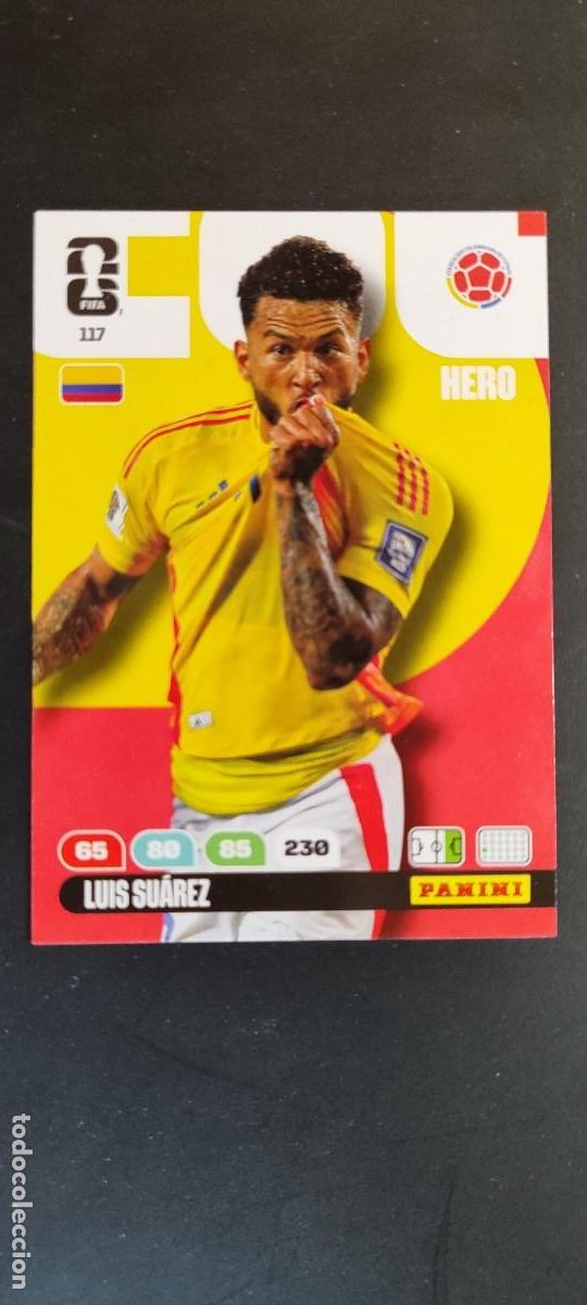 Cromos de F&uacute;tbol: ADRENALYN XL FIFA WORLD CUP 2026 CARD HERO LUIS SUAREZ COLOMBIA # 117 PANINI