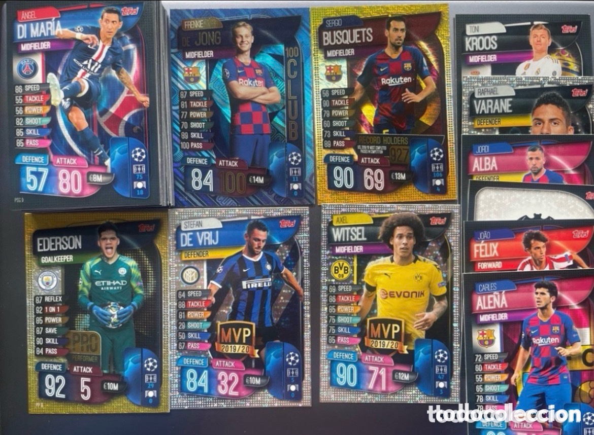 Cromos de F&uacute;tbol: Lote 44 cards Match Attax 2019-20 Topps incluye De Jong Club100 Busquets RH Kroos Joao Felix