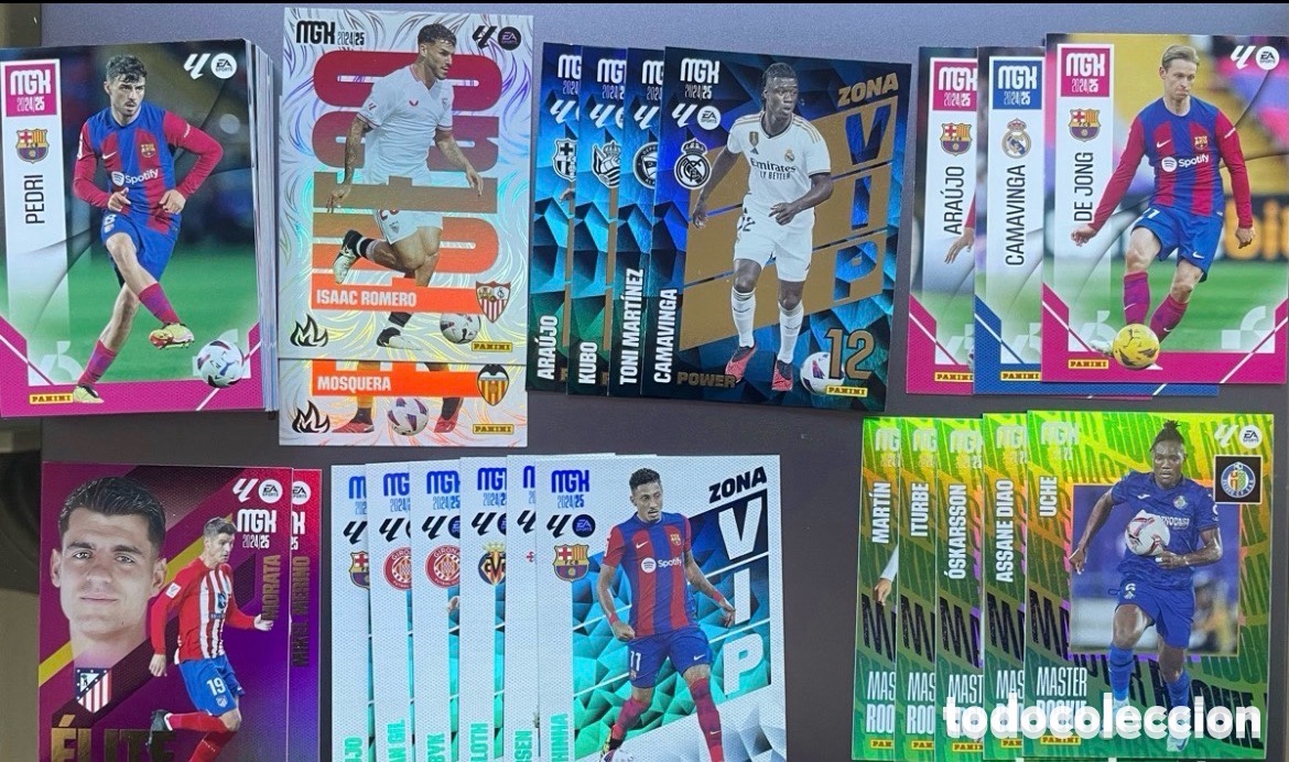 Cromos de F&uacute;tbol: Lote 57 cards MGK 2024-25 Panini incluye cards especiales Pedri Raphinha Camavinga De Jong